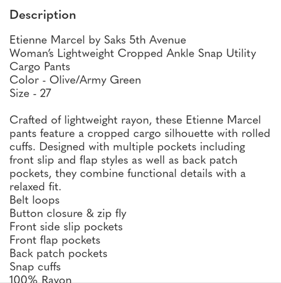 Etienne Marcel Olive Army Green Lightweight Crop Ankle Snap Cargo Pants NWT 27 - Picture 8 of 9